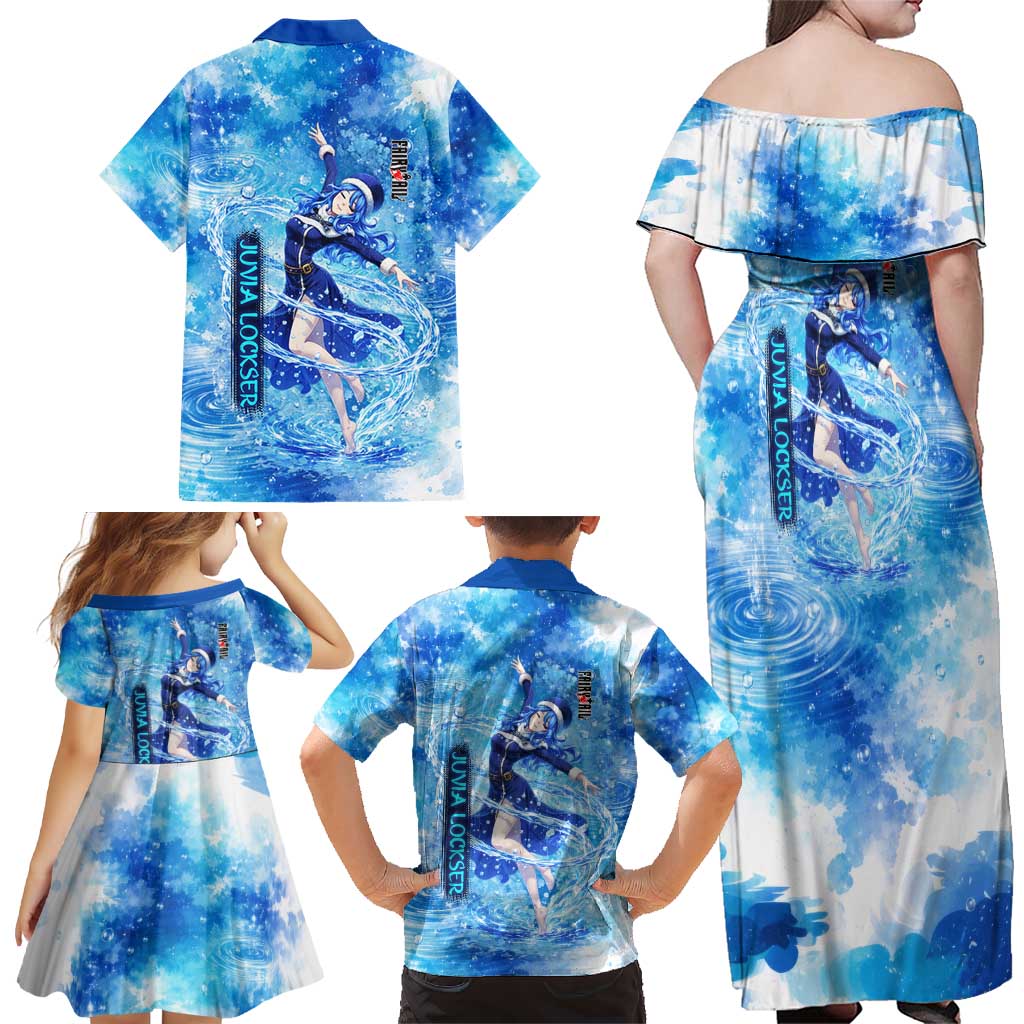 Juvia Lockser Fairy Tail Family Matching Off Shoulder Maxi Dress and Hawaiian Shirt Water Magic Anime Style with Heart and Raindrop Aesthetic