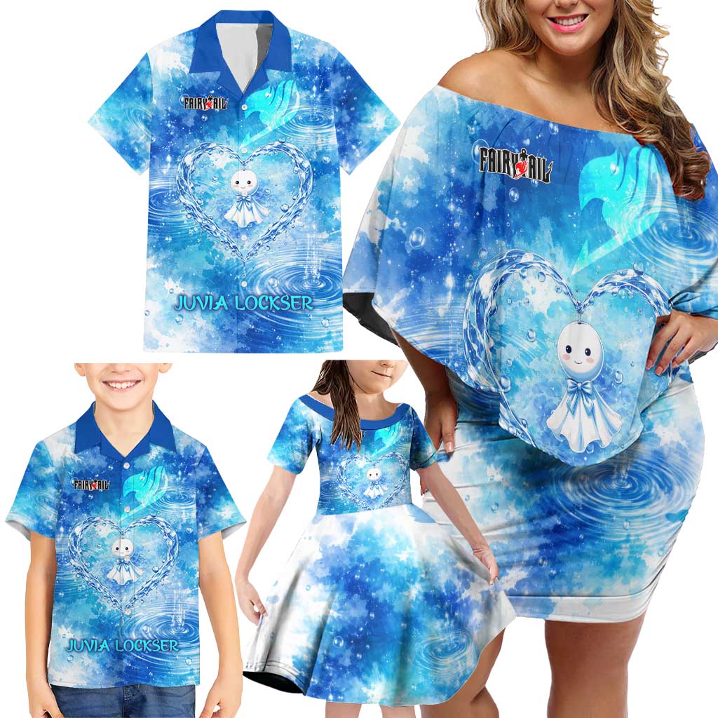 Juvia Lockser Fairy Tail Family Matching Off Shoulder Short Dress and Hawaiian Shirt Water Magic Anime Style with Heart and Raindrop Aesthetic