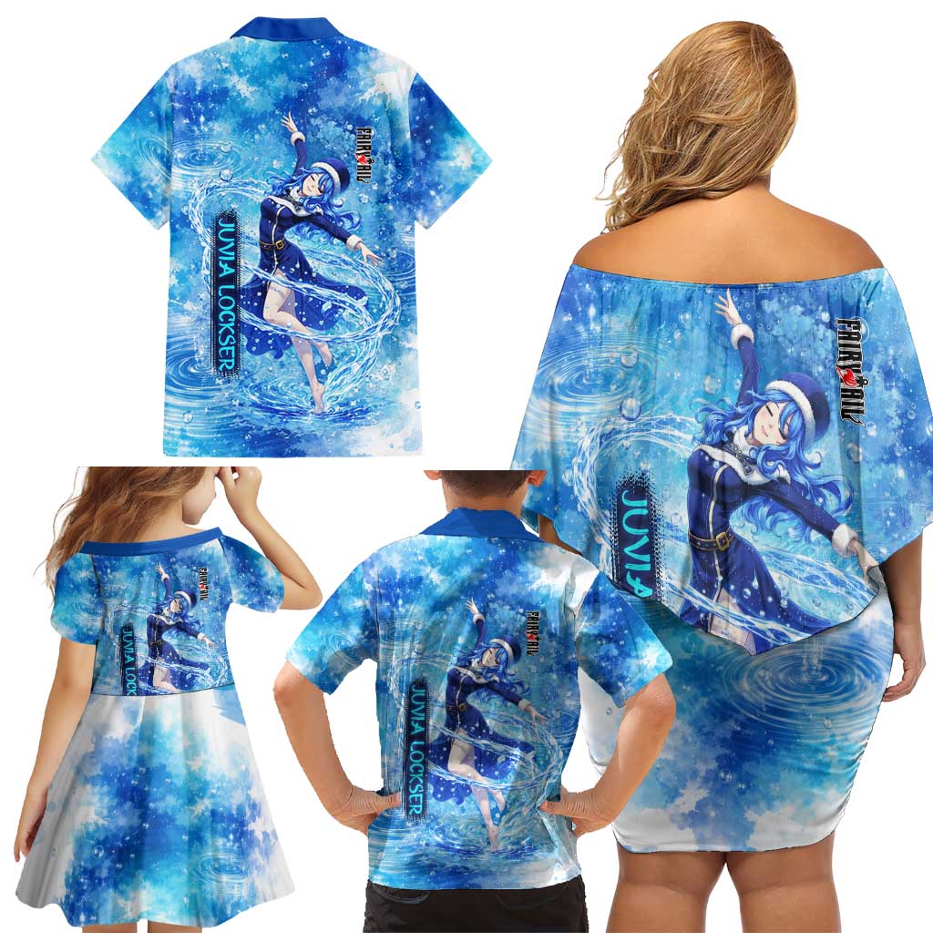 Juvia Lockser Fairy Tail Family Matching Off Shoulder Short Dress and Hawaiian Shirt Water Magic Anime Style with Heart and Raindrop Aesthetic