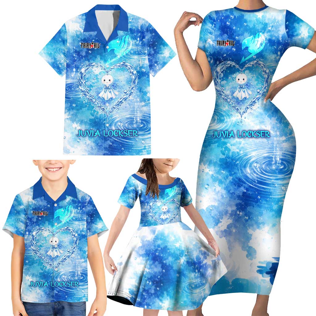 Juvia Lockser Fairy Tail Family Matching Short Sleeve Bodycon Dress and Hawaiian Shirt Water Magic Anime Style with Heart and Raindrop Aesthetic