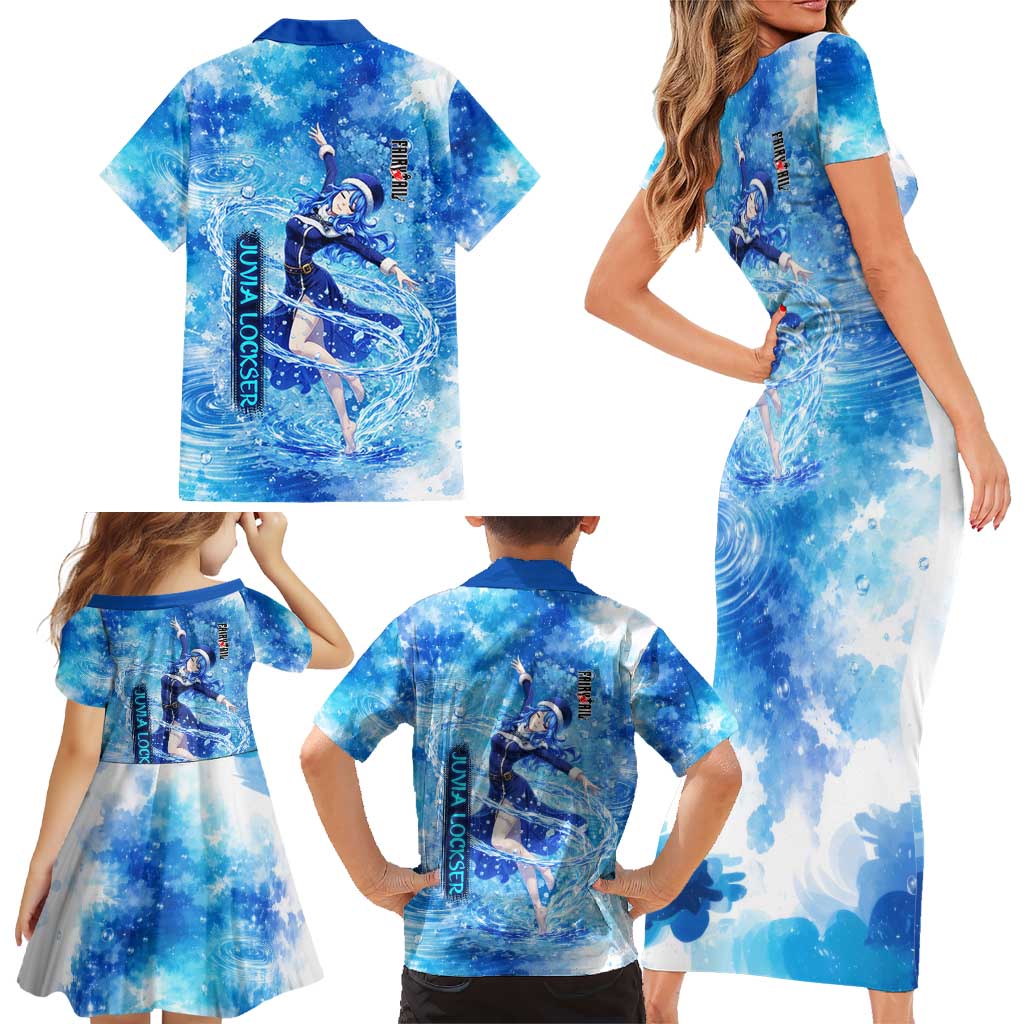 Juvia Lockser Fairy Tail Family Matching Short Sleeve Bodycon Dress and Hawaiian Shirt Water Magic Anime Style with Heart and Raindrop Aesthetic