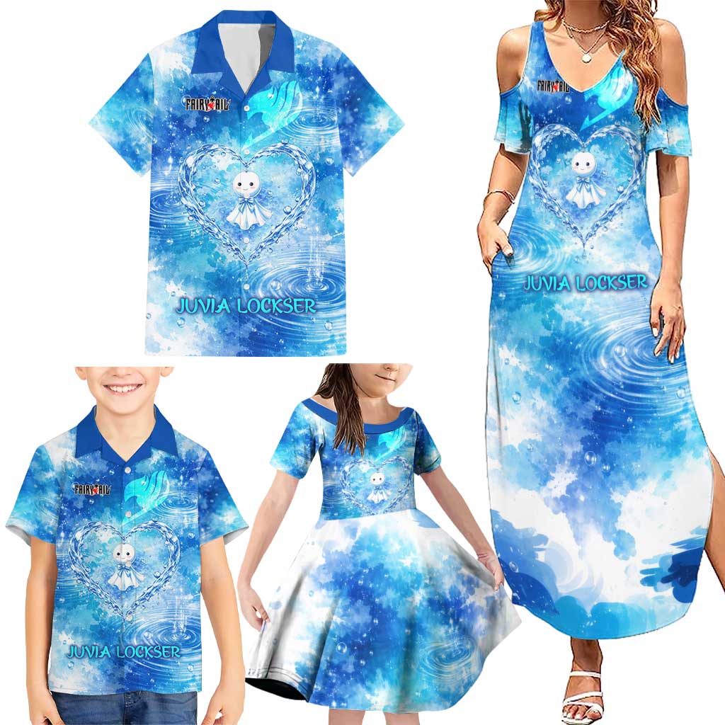 Juvia Lockser Fairy Tail Family Matching Summer Maxi Dress and Hawaiian Shirt Water Magic Anime Style with Heart and Raindrop Aesthetic