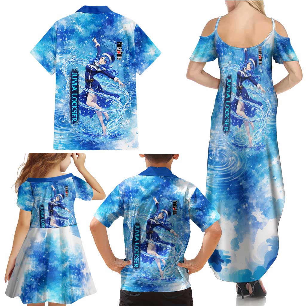 Juvia Lockser Fairy Tail Family Matching Summer Maxi Dress and Hawaiian Shirt Water Magic Anime Style with Heart and Raindrop Aesthetic