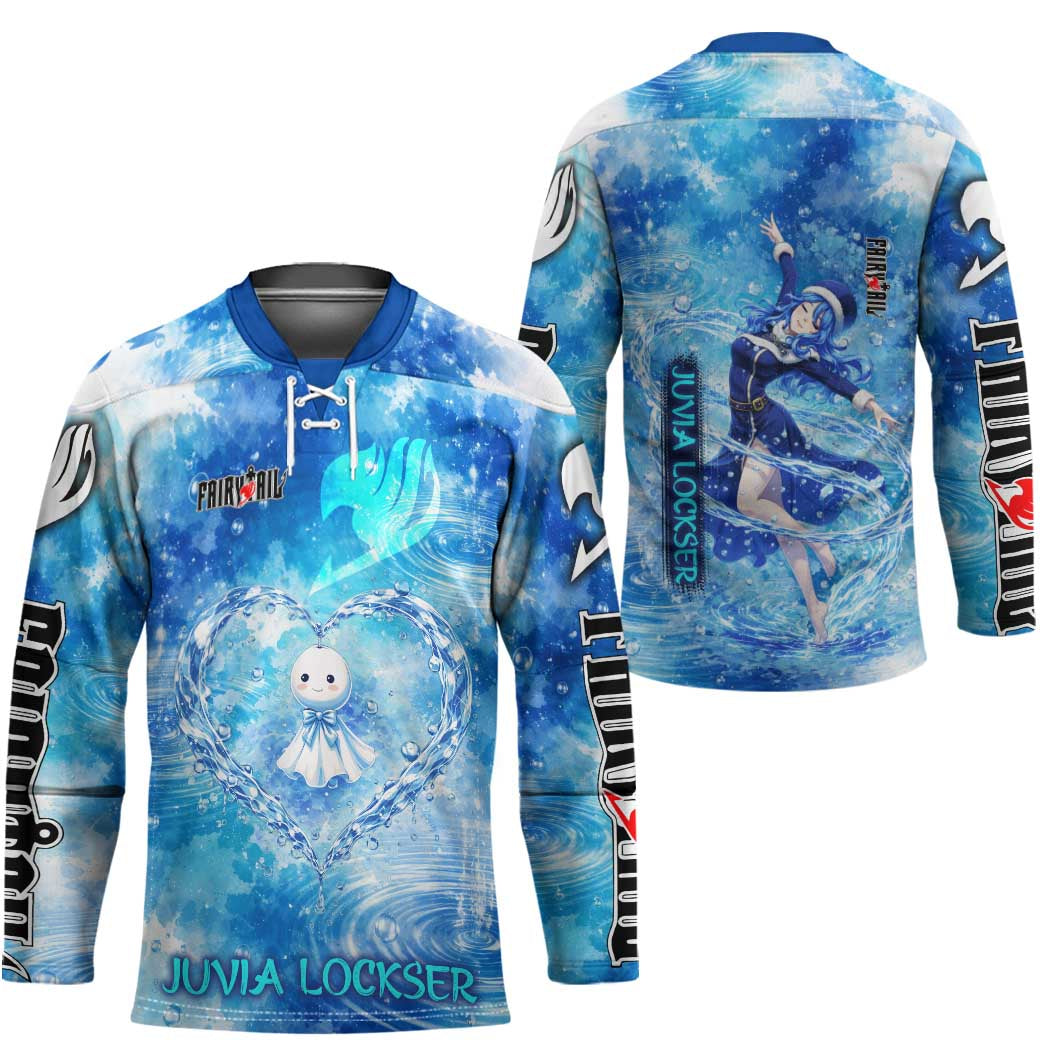 Juvia Lockser Fairy Tail Hockey Jersey Water Magic Anime Style with Heart and Raindrop Aesthetic