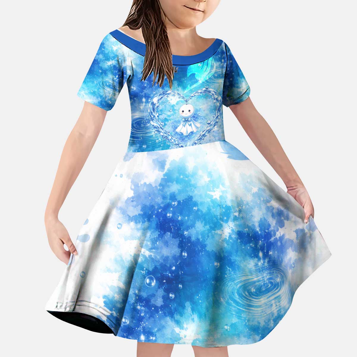 Juvia Lockser Fairy Tail Kid Short Sleeve Dress Water Magic Anime Style with Heart and Raindrop Aesthetic