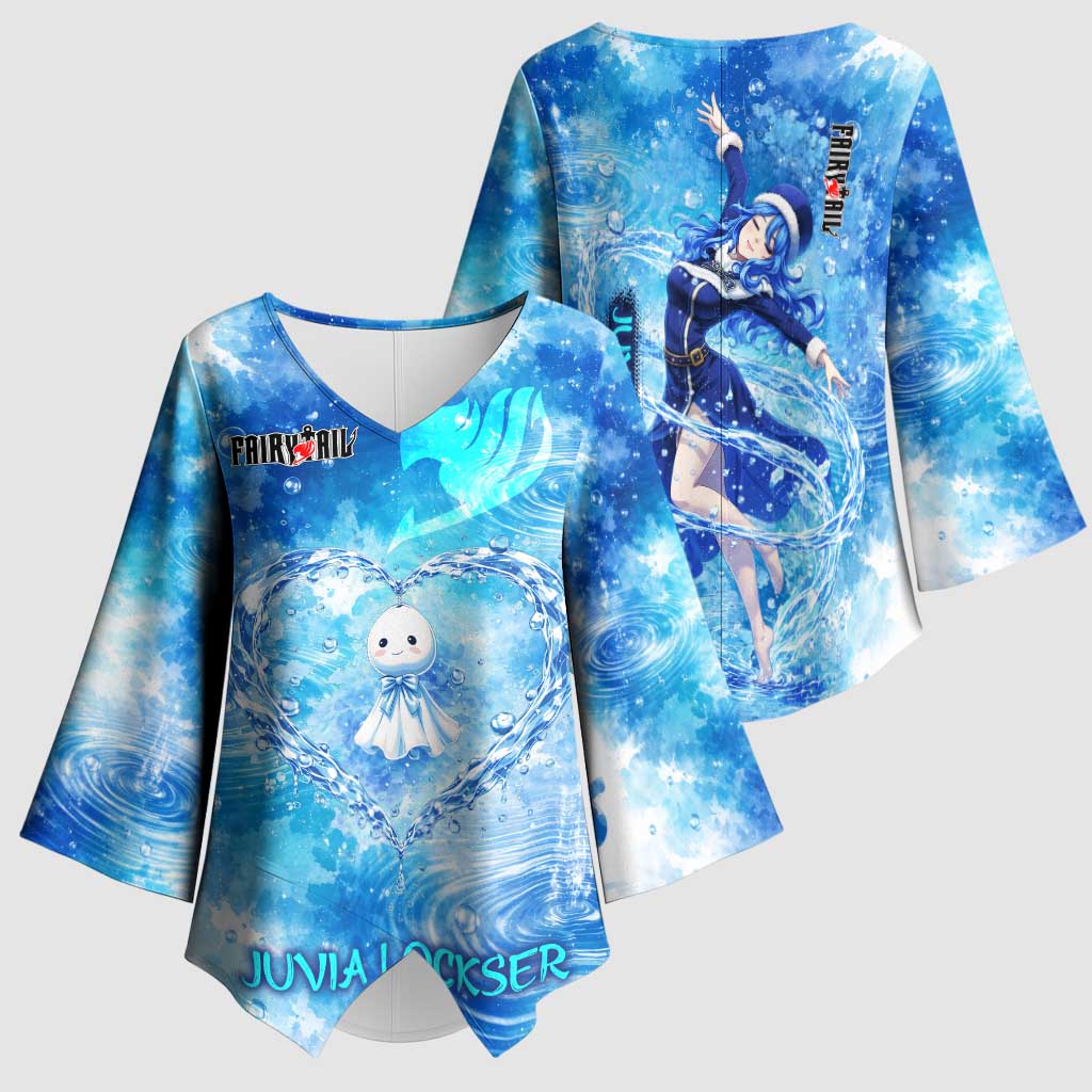 Juvia Lockser Fairy Tail Kimono Sleeve Blouse Water Magic Anime Style with Heart and Raindrop Aesthetic