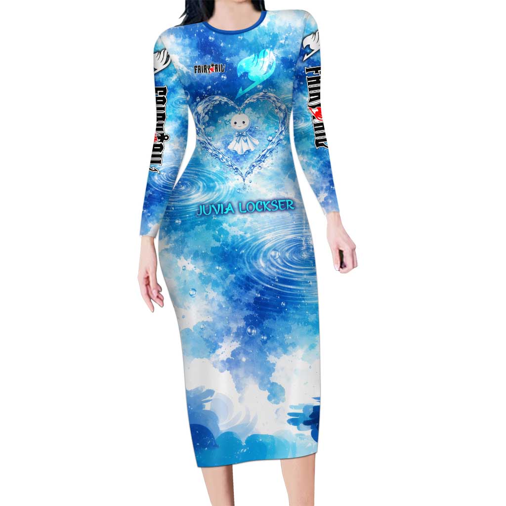 Juvia Lockser Fairy Tail Long Sleeve Bodycon Dress Water Magic Anime Style with Heart and Raindrop Aesthetic