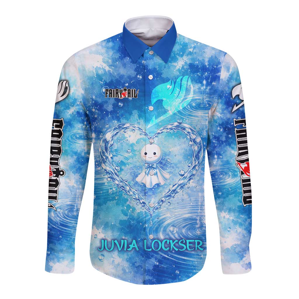 Juvia Lockser Fairy Tail Long Sleeve Button Shirt Water Magic Anime Style with Heart and Raindrop Aesthetic