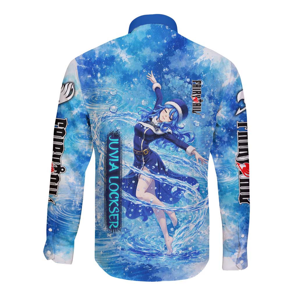 Juvia Lockser Fairy Tail Long Sleeve Button Shirt Water Magic Anime Style with Heart and Raindrop Aesthetic