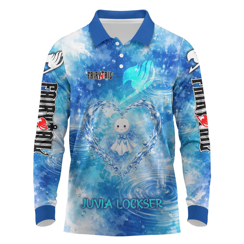 Juvia Lockser Fairy Tail Long Sleeve Polo Shirt Water Magic Anime Style with Heart and Raindrop Aesthetic
