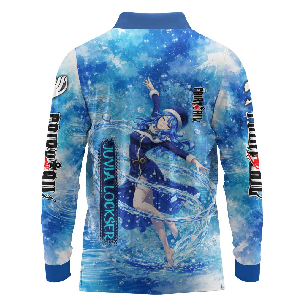 Juvia Lockser Fairy Tail Long Sleeve Polo Shirt Water Magic Anime Style with Heart and Raindrop Aesthetic