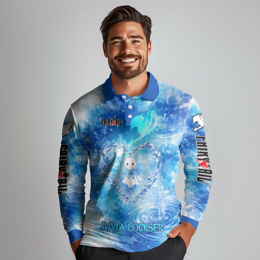Juvia Lockser Fairy Tail Long Sleeve Polo Shirt Water Magic Anime Style with Heart and Raindrop Aesthetic