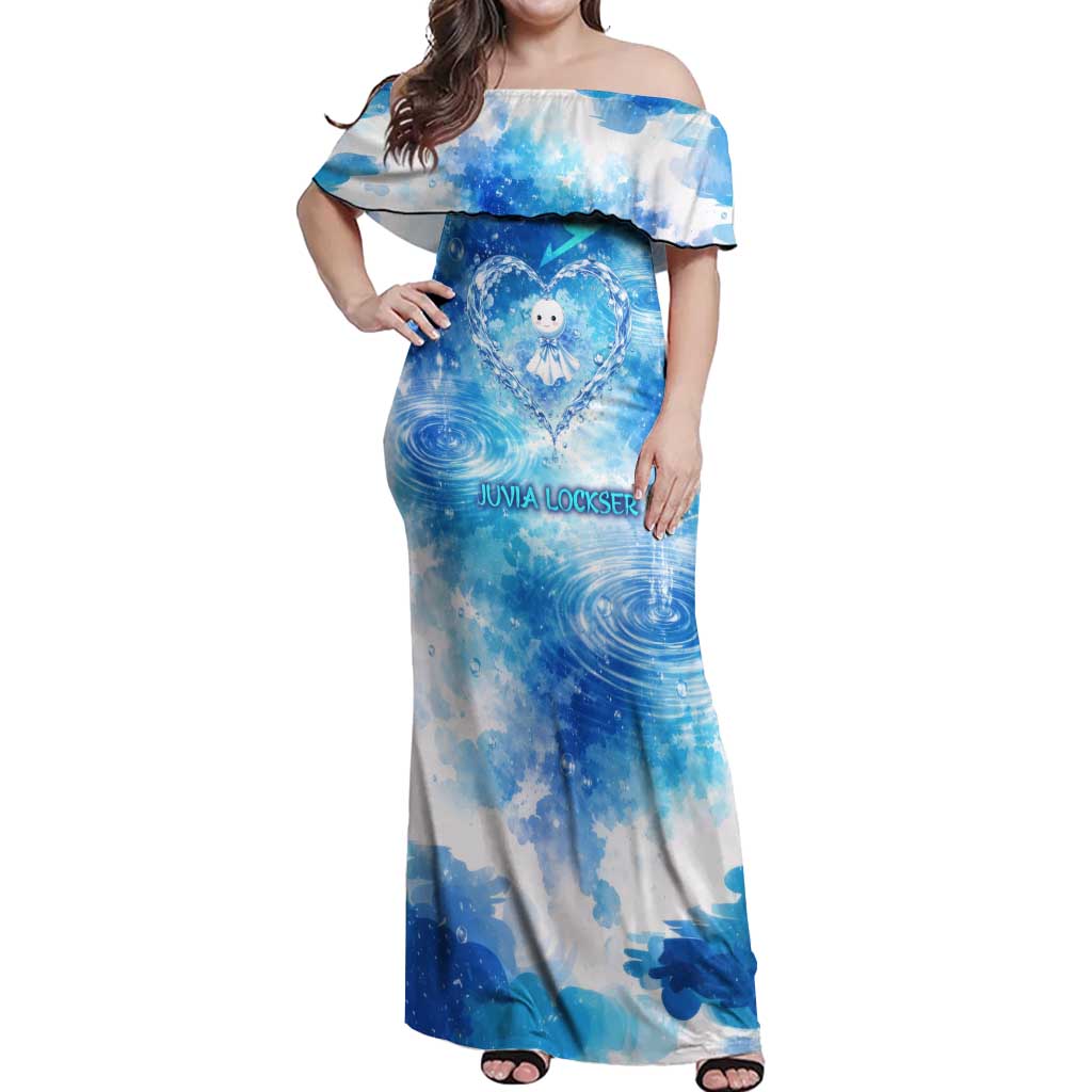 Juvia Lockser Fairy Tail Off Shoulder Maxi Dress Water Magic Anime Style with Heart and Raindrop Aesthetic