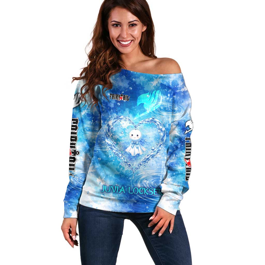 Juvia Lockser Fairy Tail Off Shoulder Sweater Water Magic Anime Style with Heart and Raindrop Aesthetic
