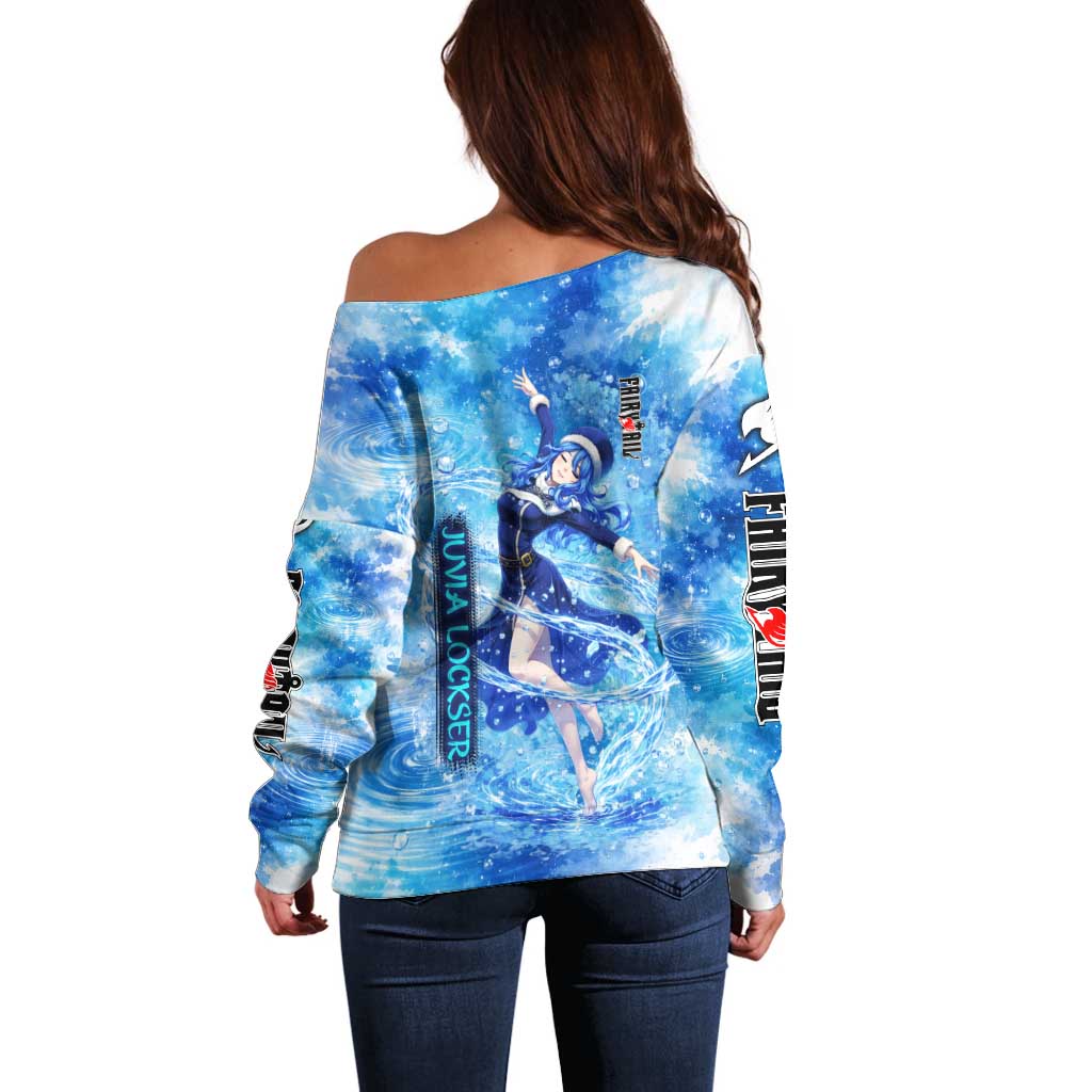 Juvia Lockser Fairy Tail Off Shoulder Sweater Water Magic Anime Style with Heart and Raindrop Aesthetic