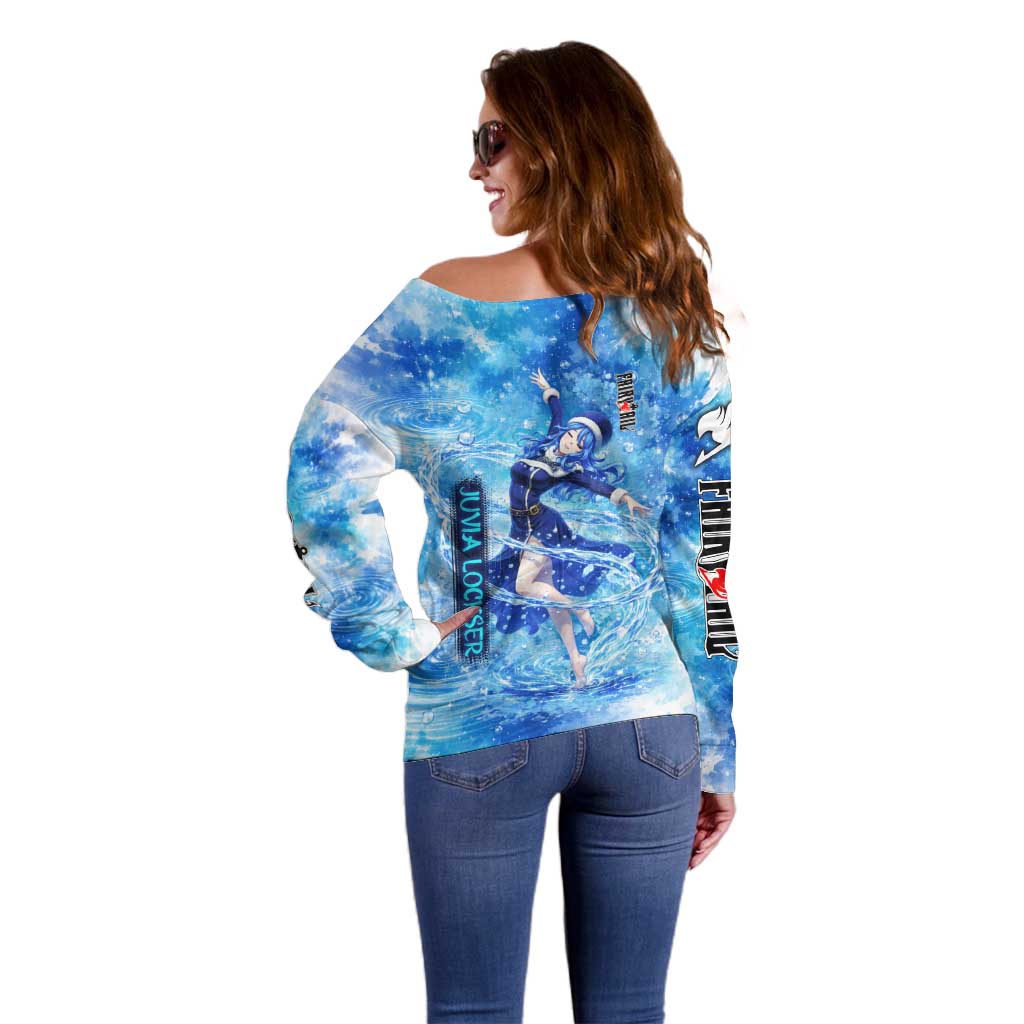 Juvia Lockser Fairy Tail Off Shoulder Sweater Water Magic Anime Style with Heart and Raindrop Aesthetic