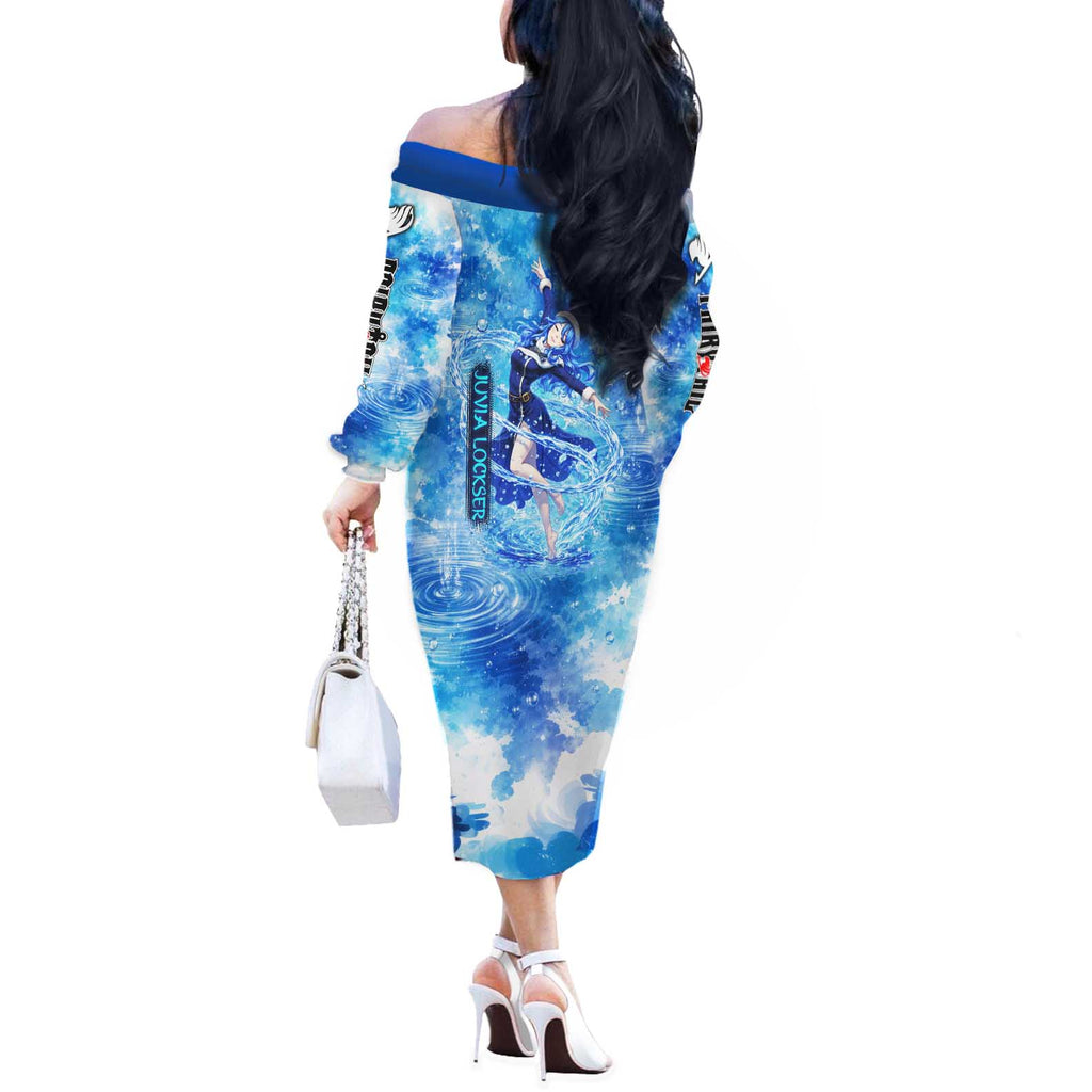 Juvia Lockser Fairy Tail Off The Shoulder Long Sleeve Dress Water Magic Anime Style with Heart and Raindrop Aesthetic