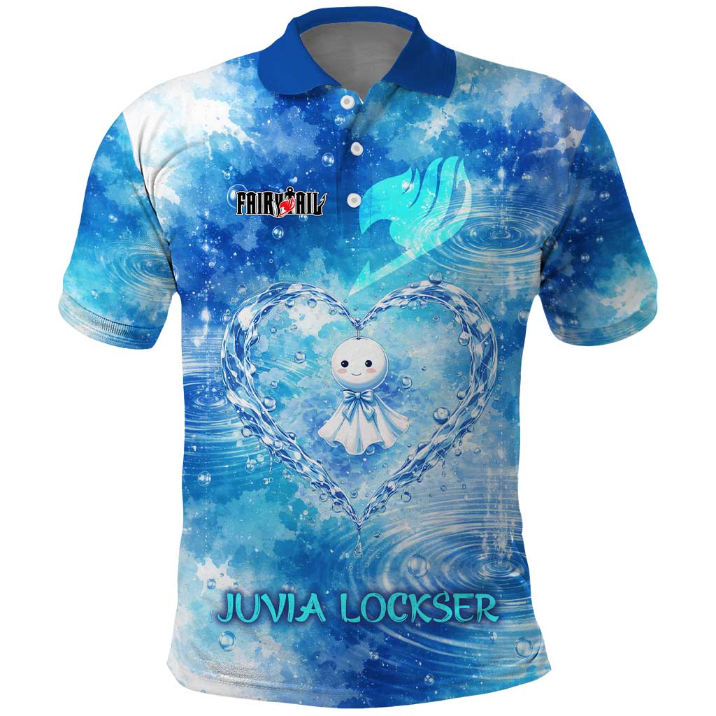 Juvia Lockser Fairy Tail Polo Shirt Water Magic Anime Style with Heart and Raindrop Aesthetic