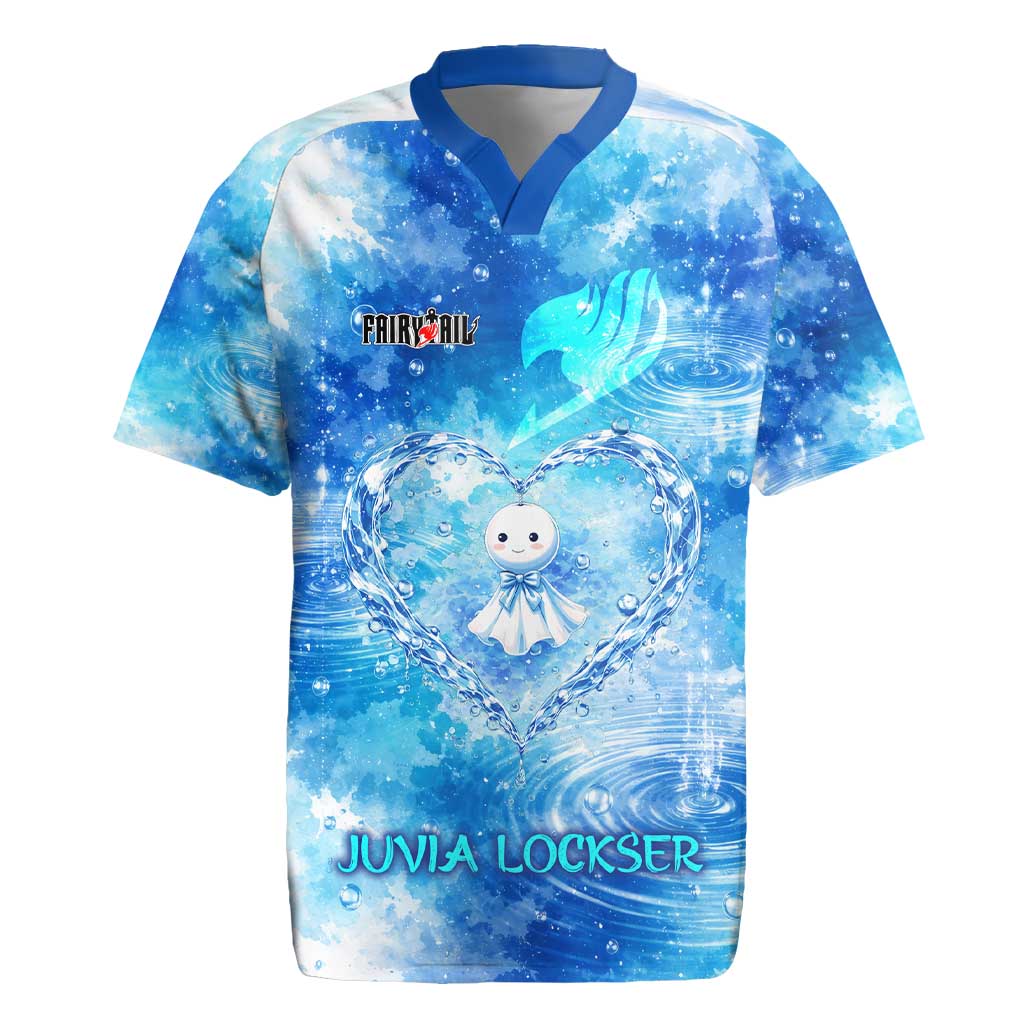 Juvia Lockser Fairy Tail Rugby Jersey Water Magic Anime Style with Heart and Raindrop Aesthetic
