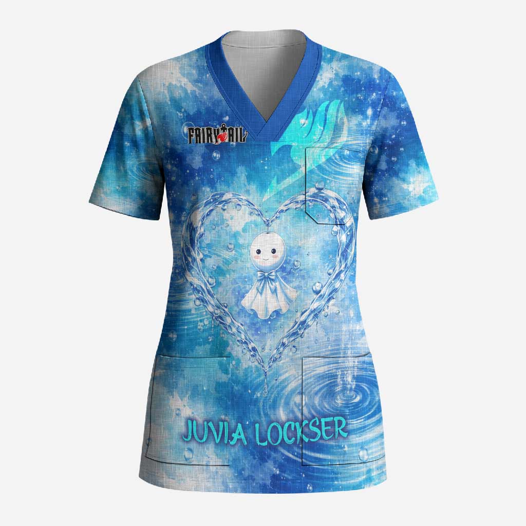 Juvia Lockser Fairy Tail Scrub Top Water Magic Anime Style with Heart and Raindrop Aesthetic
