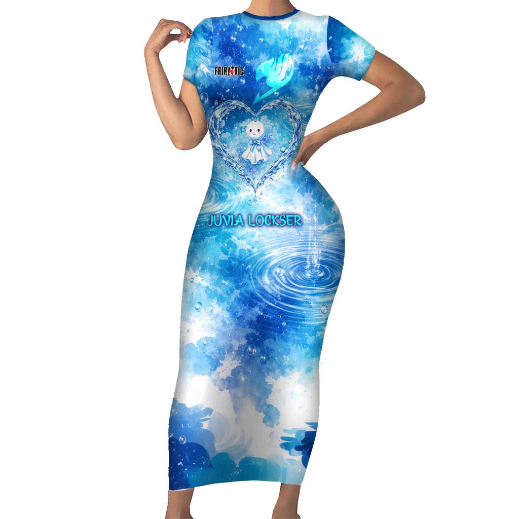 Juvia Lockser Fairy Tail Short Sleeve Bodycon Dress Water Magic Anime Style with Heart and Raindrop Aesthetic