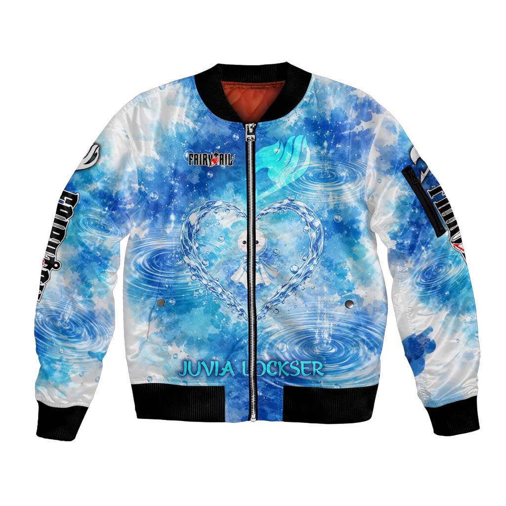 Juvia Lockser Fairy Tail Sleeve Zip Bomber Jacket Water Magic Anime Style with Heart and Raindrop Aesthetic