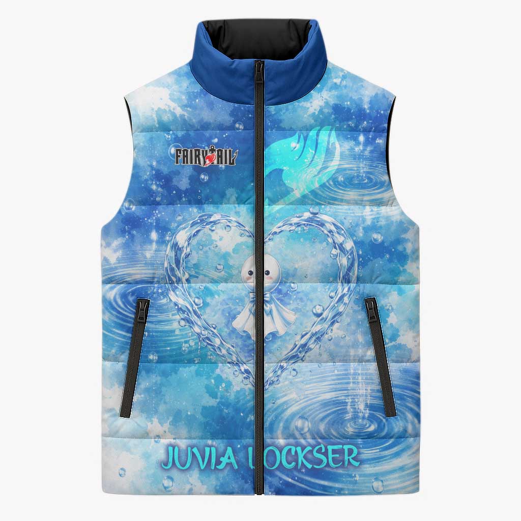 Juvia Lockser Fairy Tail Sleeveless Puffer Jacket Water Magic Anime Style with Heart and Raindrop Aesthetic