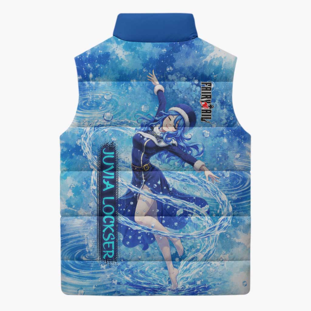 Juvia Lockser Fairy Tail Sleeveless Puffer Jacket Water Magic Anime Style with Heart and Raindrop Aesthetic