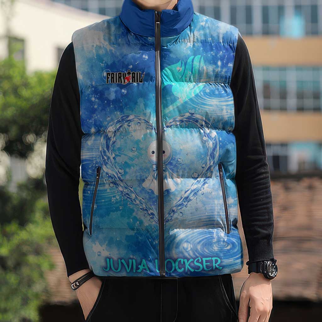Juvia Lockser Fairy Tail Sleeveless Puffer Jacket Water Magic Anime Style with Heart and Raindrop Aesthetic