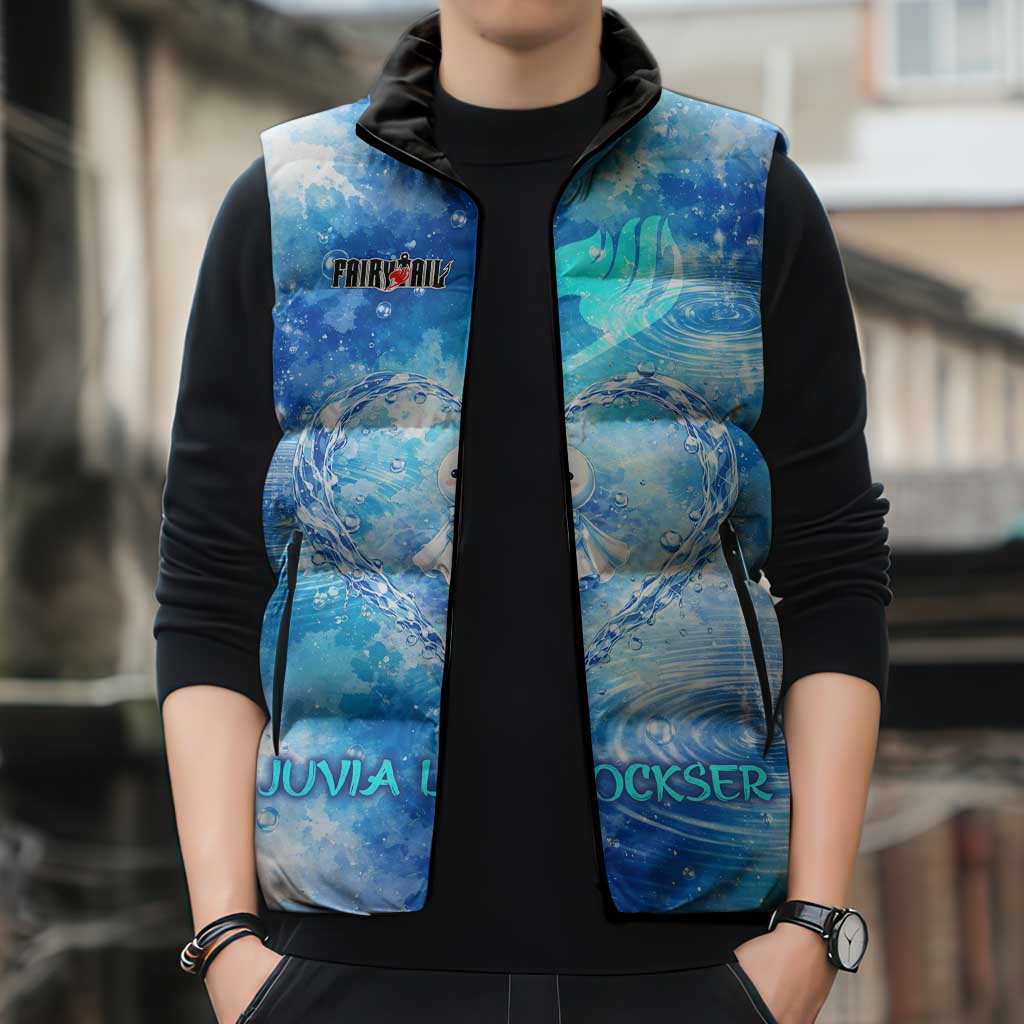 Juvia Lockser Fairy Tail Sleeveless Puffer Jacket Water Magic Anime Style with Heart and Raindrop Aesthetic