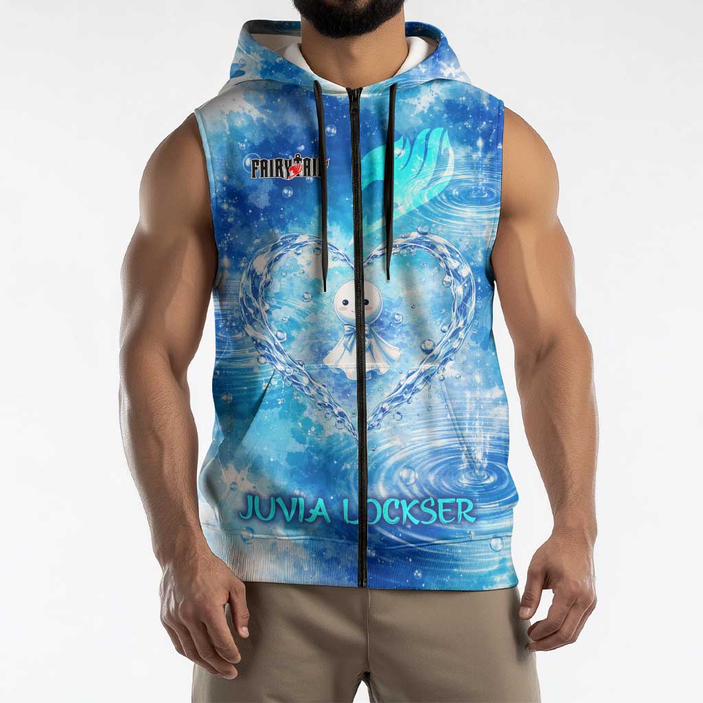 Juvia Lockser Fairy Tail Sleeveless Zip Hoodie Water Magic Anime Style with Heart and Raindrop Aesthetic