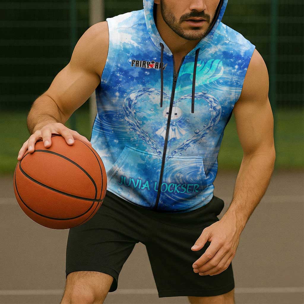 Juvia Lockser Fairy Tail Sleeveless Zip Hoodie Water Magic Anime Style with Heart and Raindrop Aesthetic