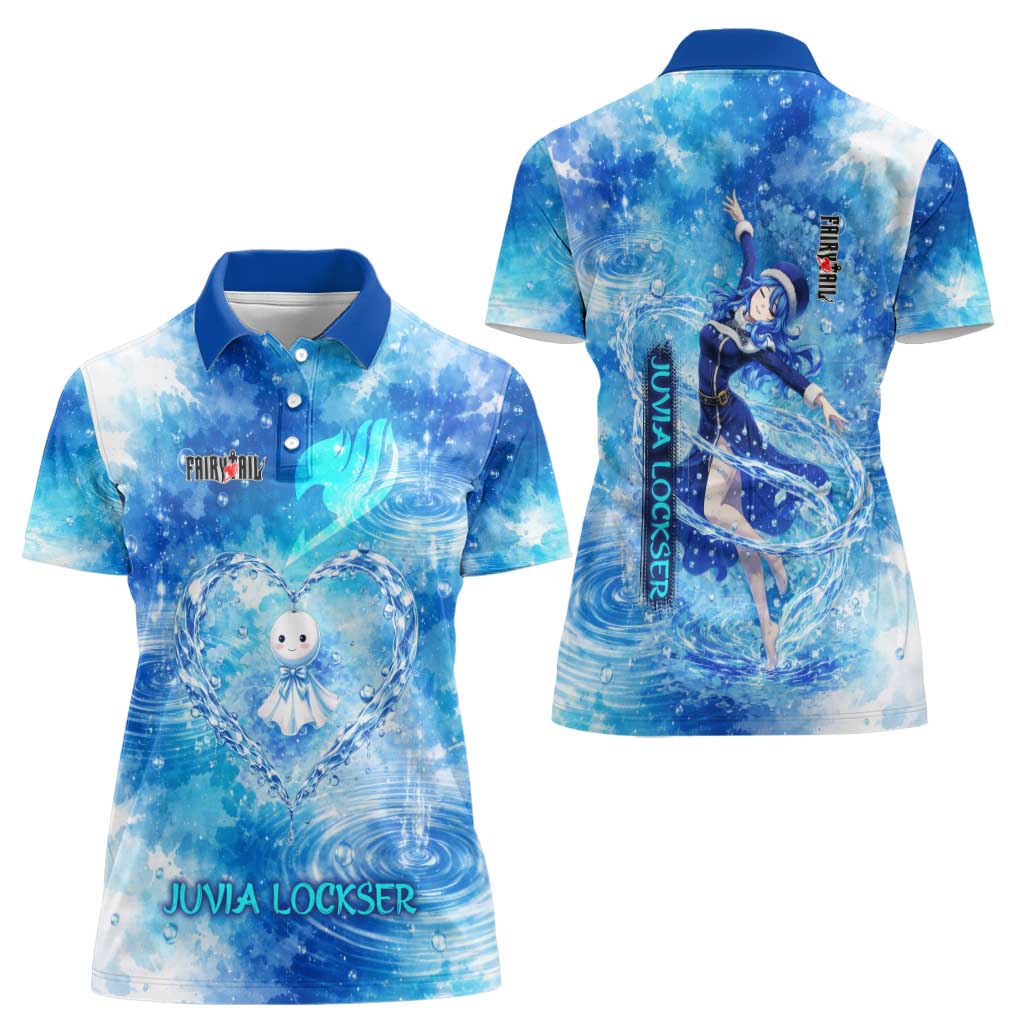 Juvia Lockser Fairy Tail Women Polo Shirt Water Magic Anime Style with Heart and Raindrop Aesthetic
