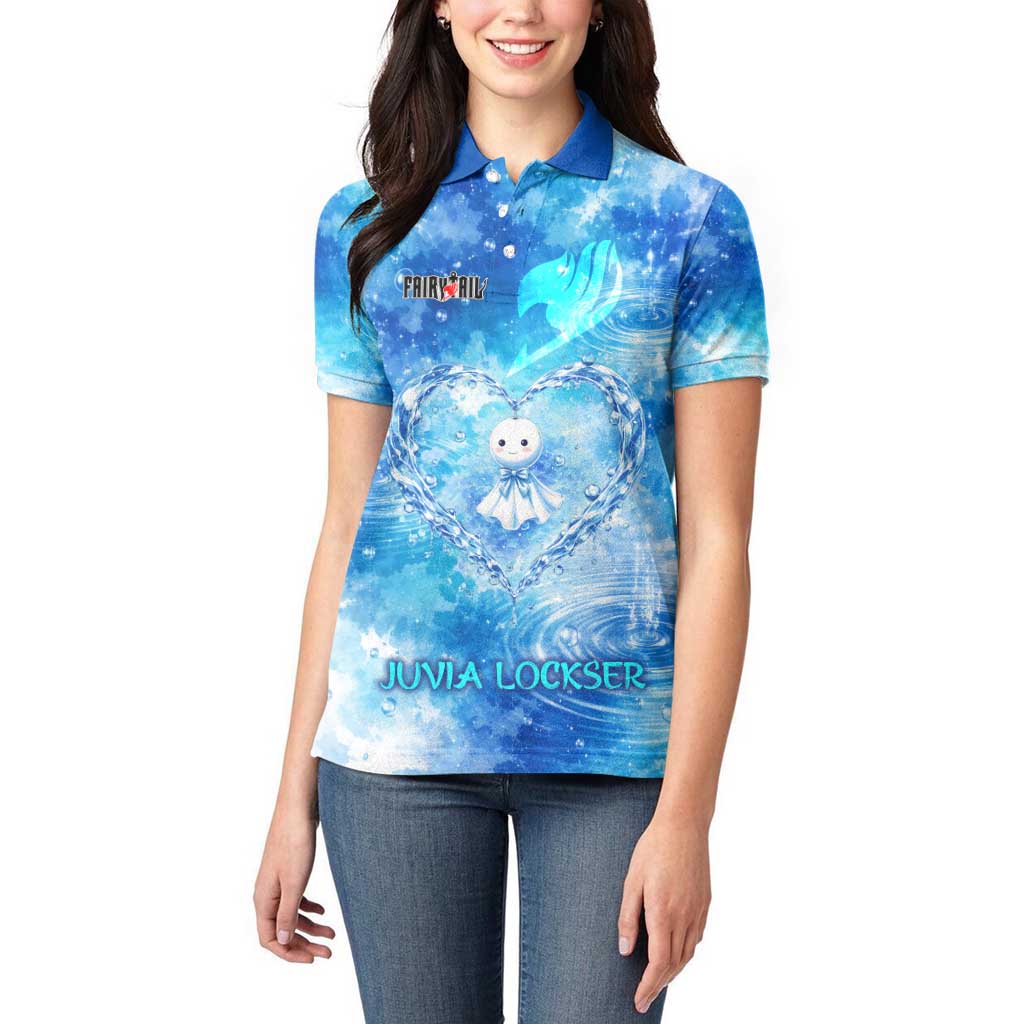 Juvia Lockser Fairy Tail Women Polo Shirt Water Magic Anime Style with Heart and Raindrop Aesthetic