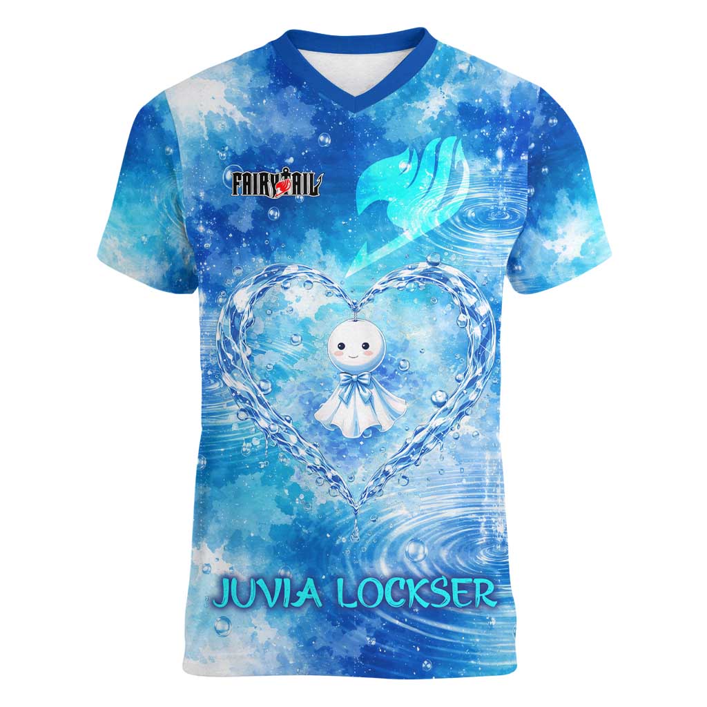 Juvia Lockser Fairy Tail Women V-Neck T-Shirt Water Magic Anime Style with Heart and Raindrop Aesthetic