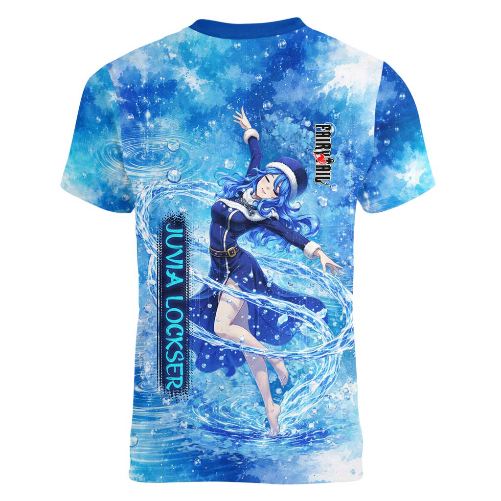 Juvia Lockser Fairy Tail Women V-Neck T-Shirt Water Magic Anime Style with Heart and Raindrop Aesthetic