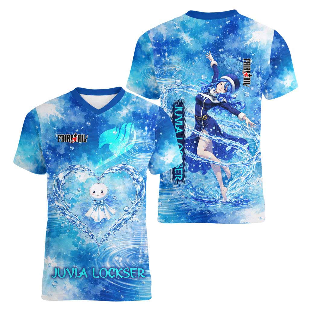 Juvia Lockser Fairy Tail Women V-Neck T-Shirt Water Magic Anime Style with Heart and Raindrop Aesthetic