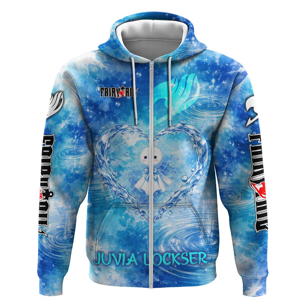 Juvia Lockser Fairy Tail Zip Hoodie Water Magic Anime Style with Heart and Raindrop Aesthetic
