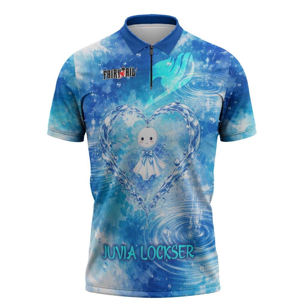 Juvia Lockser Fairy Tail Zipper Polo Shirt Water Magic Anime Style with Heart and Raindrop Aesthetic