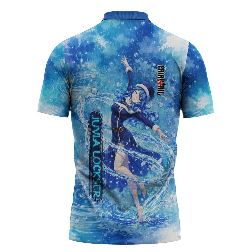 Juvia Lockser Fairy Tail Zipper Polo Shirt Water Magic Anime Style with Heart and Raindrop Aesthetic