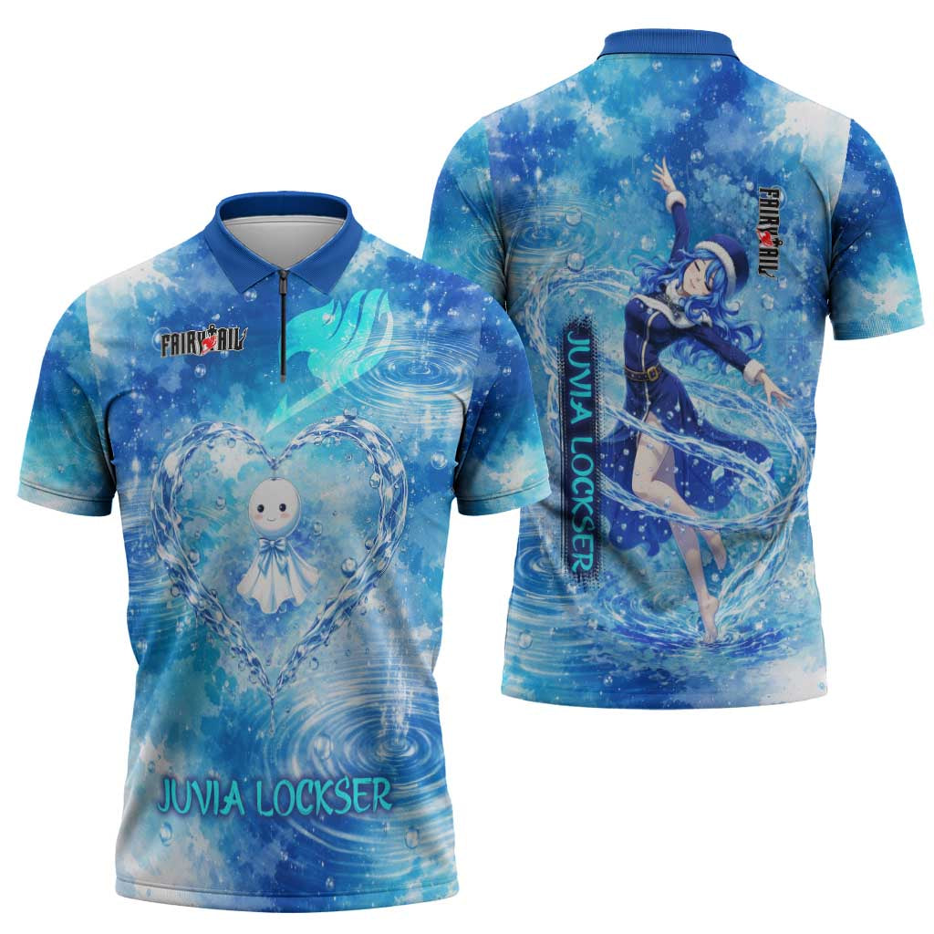 Juvia Lockser Fairy Tail Zipper Polo Shirt Water Magic Anime Style with Heart and Raindrop Aesthetic