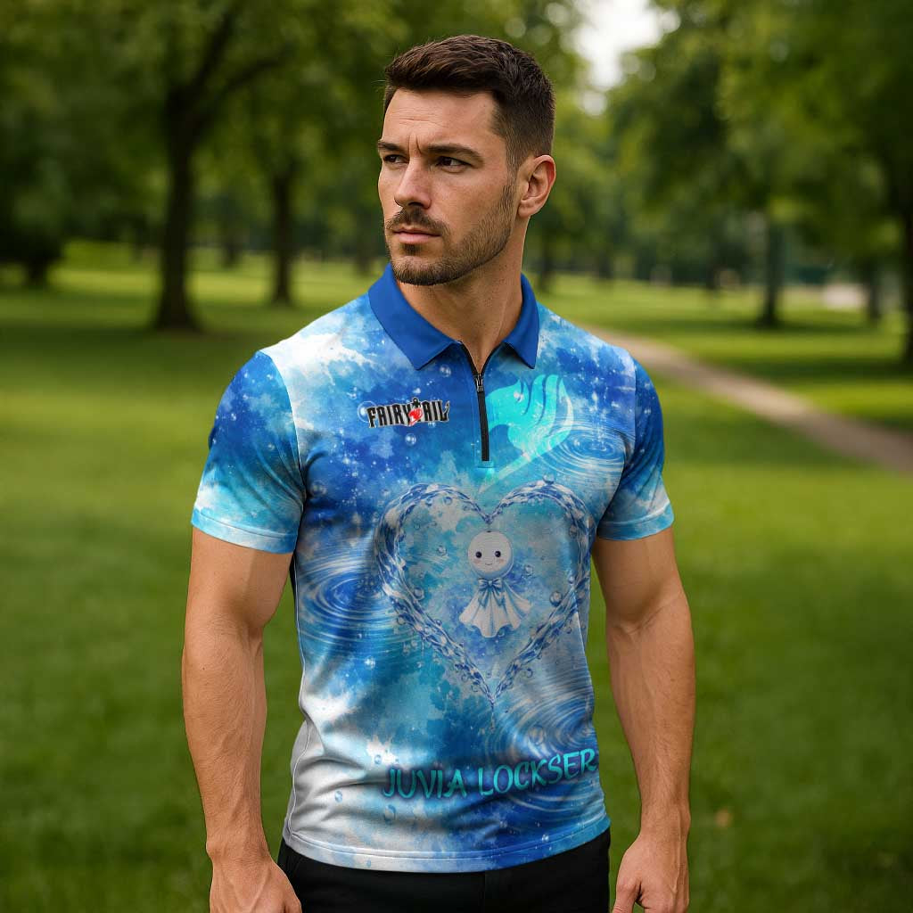 Juvia Lockser Fairy Tail Zipper Polo Shirt Water Magic Anime Style with Heart and Raindrop Aesthetic