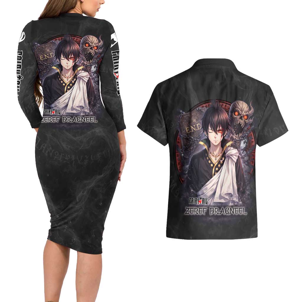 Zeref Dragneel Fairy Tail Couples Matching Long Sleeve Bodycon Dress and Hawaiian Shirt Dark Magic Circle Design with E.N.D Demon Aesthetic