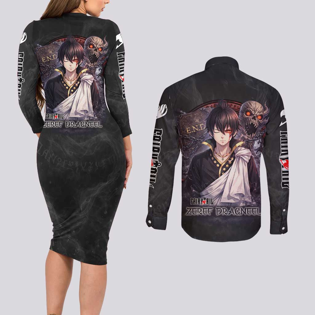 Zeref Dragneel Fairy Tail Couples Matching Long Sleeve Bodycon Dress and Long Sleeve Button Shirt Dark Magic Circle Design with E.N.D Demon Aesthetic