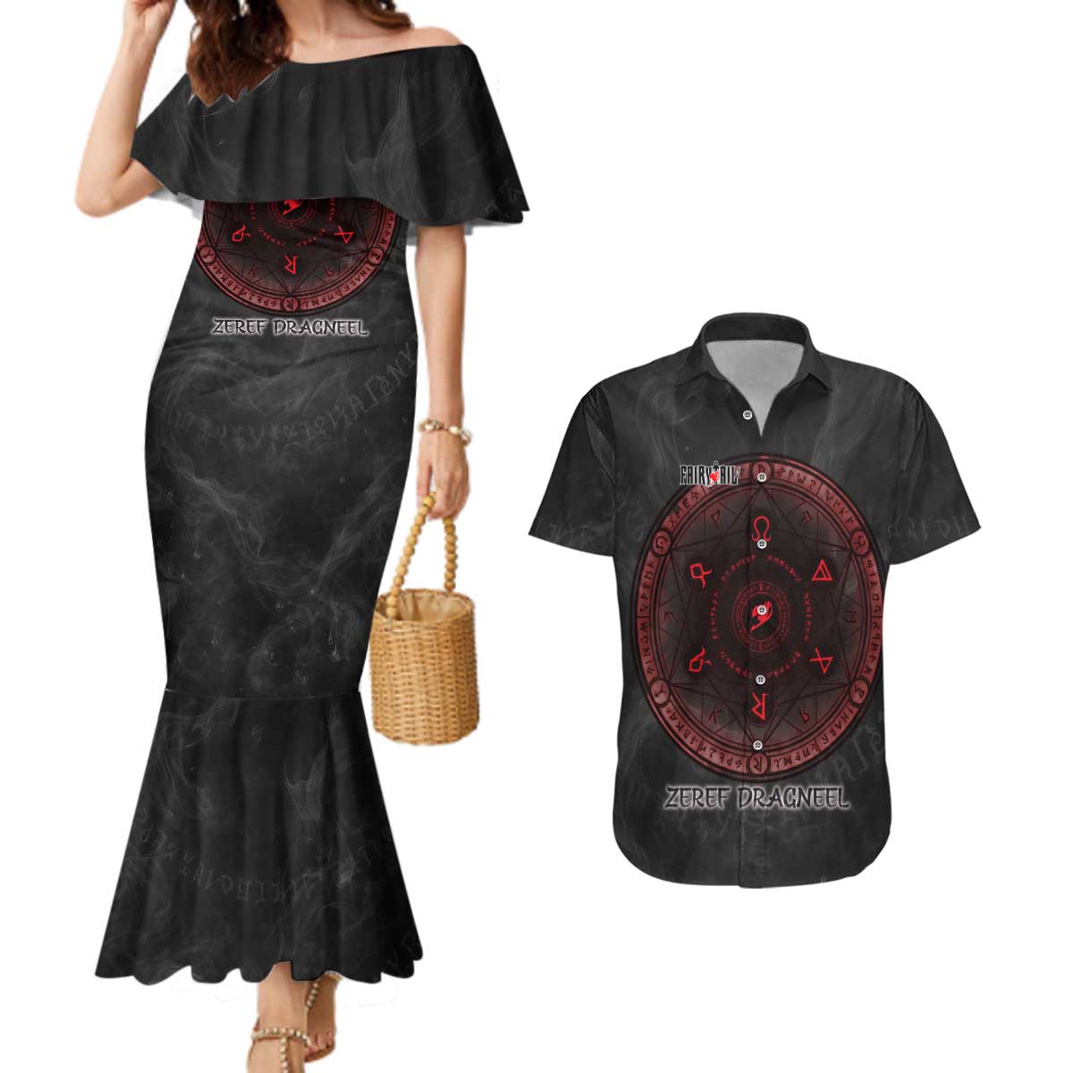 Zeref Dragneel Fairy Tail Couples Matching Mermaid Dress and Hawaiian Shirt Dark Magic Circle Design with E.N.D Demon Aesthetic