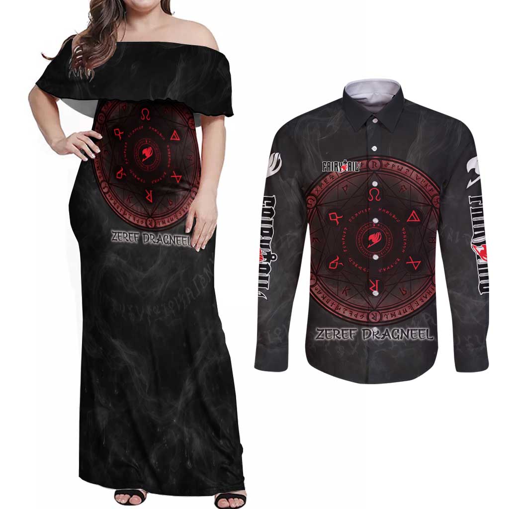 Zeref Dragneel Fairy Tail Couples Matching Off Shoulder Maxi Dress and Long Sleeve Button Shirt Dark Magic Circle Design with E.N.D Demon Aesthetic