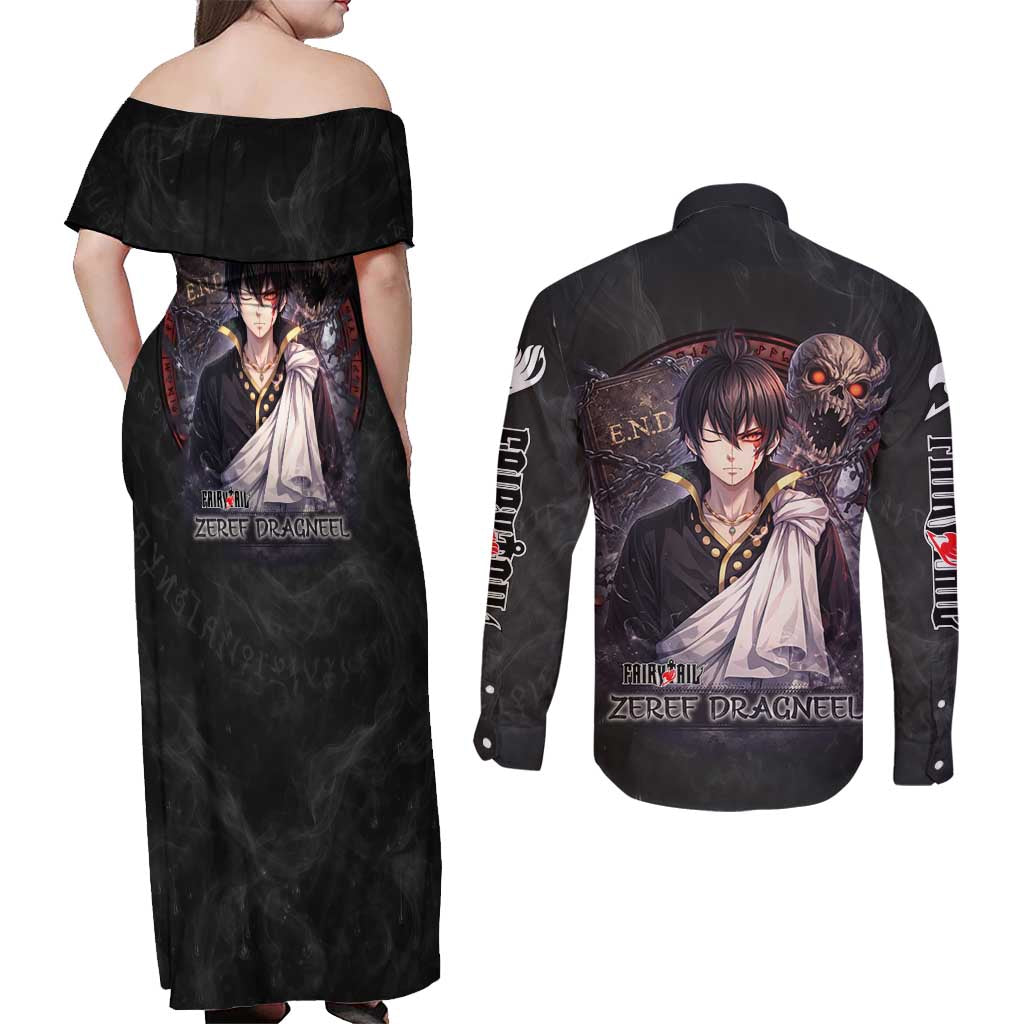 Zeref Dragneel Fairy Tail Couples Matching Off Shoulder Maxi Dress and Long Sleeve Button Shirt Dark Magic Circle Design with E.N.D Demon Aesthetic