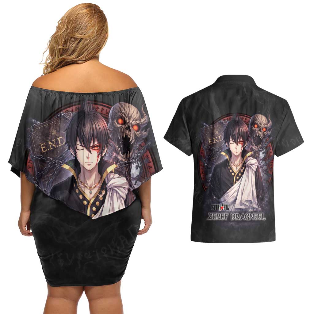 Zeref Dragneel Fairy Tail Couples Matching Off Shoulder Short Dress and Hawaiian Shirt Dark Magic Circle Design with E.N.D Demon Aesthetic