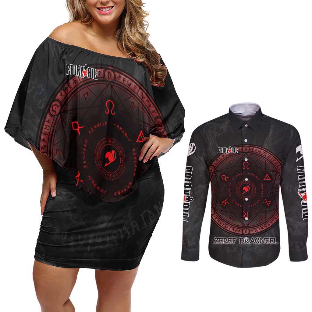 Zeref Dragneel Fairy Tail Couples Matching Off Shoulder Short Dress and Long Sleeve Button Shirt Dark Magic Circle Design with E.N.D Demon Aesthetic