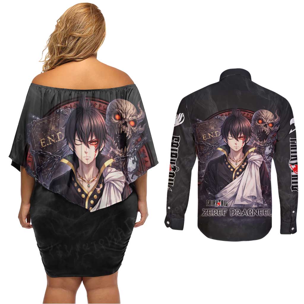 Zeref Dragneel Fairy Tail Couples Matching Off Shoulder Short Dress and Long Sleeve Button Shirt Dark Magic Circle Design with E.N.D Demon Aesthetic